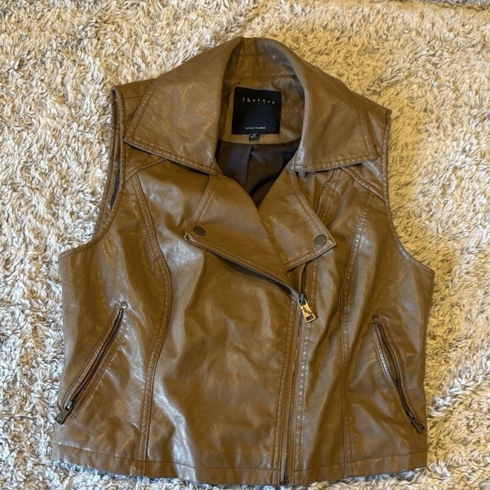 Therapy Lane Crawford Moto‎ Vest Womens XL Brown  Faux Leather Biker Peplum